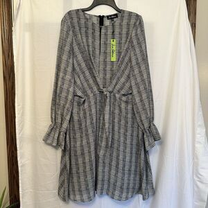 Sam Edelman Women's Size 12 Black White Plaid Long Sleeve Tie‎ Front Midi Dress